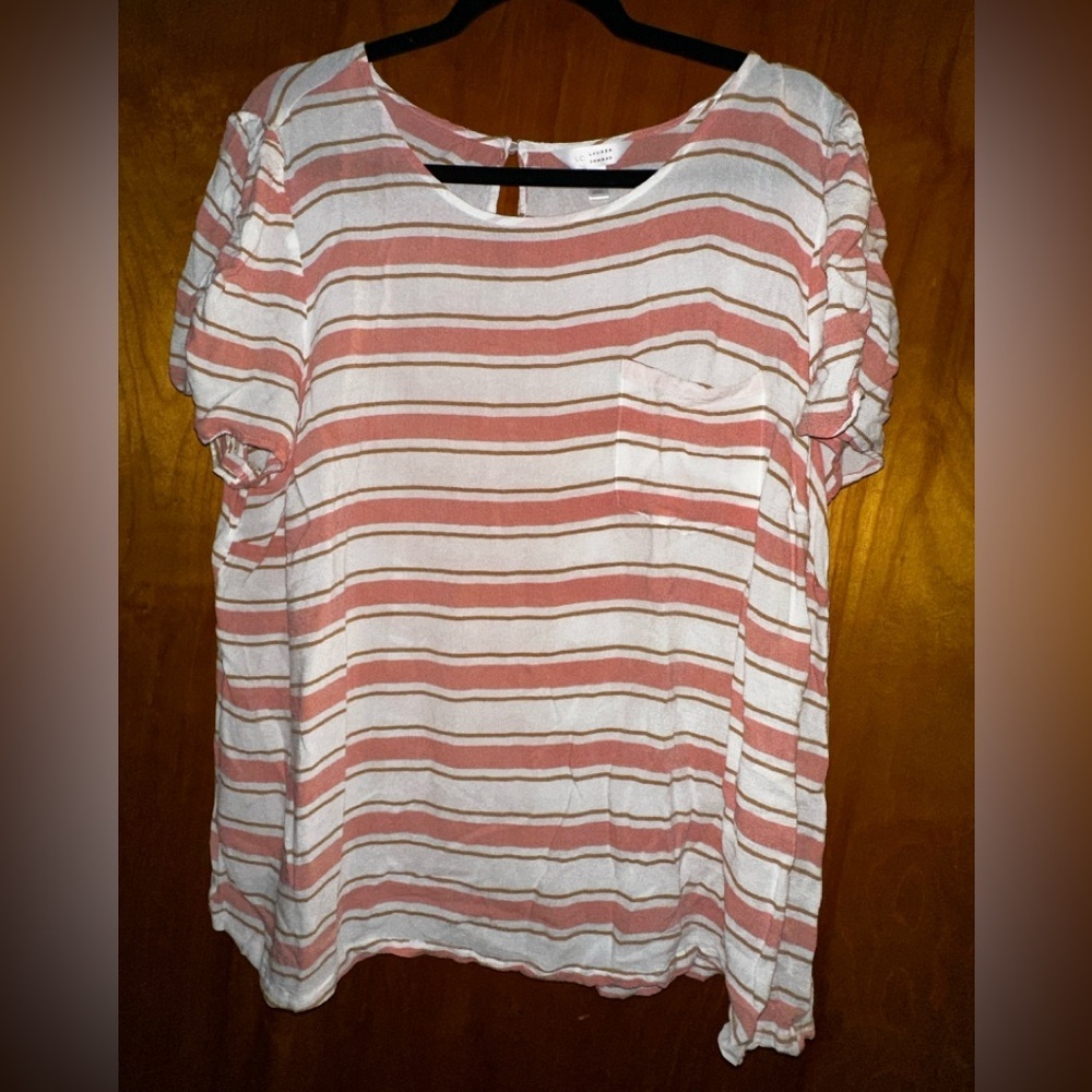 LC Lauren‎ Conrad Striped Blouse 2X Pink Tan Ruched Puff Sleeve Keyhole Back Top